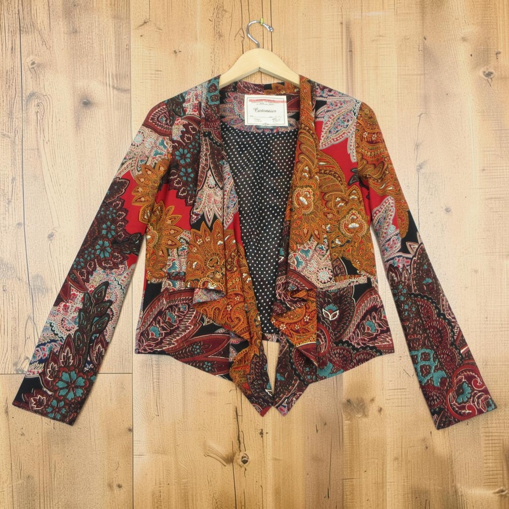 Cartonnier Blazer Women XS Red Paisley Open Front Drape Neck Jacket Waterfall